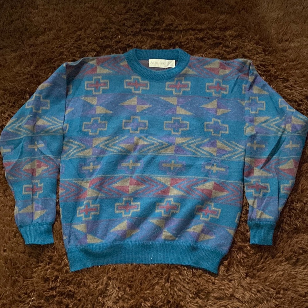 Vintage Geometric 80s Grandpa Sweater Colorful All Over Pattern Wool Crewneck
